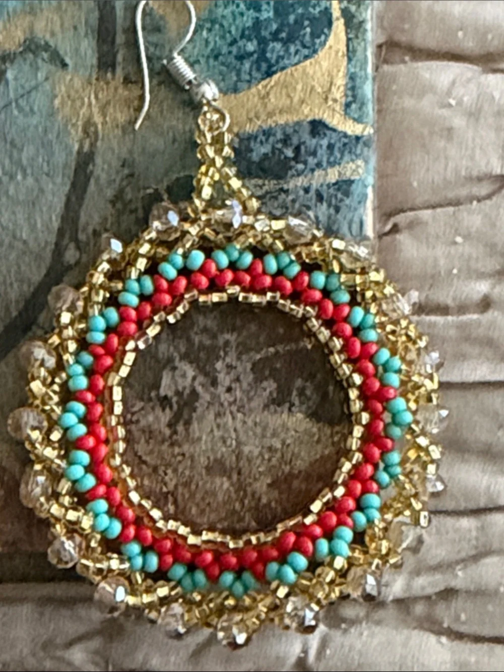 Pierced earrings crochet hoops turquoise gold coral colored seed beads